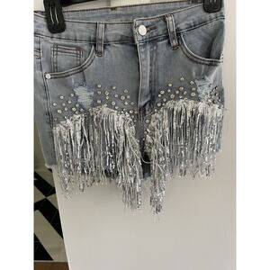 Denim Shorts Hot Pants Junior 27 Jewels Sequin Fringe Western Glam Y2K Festival